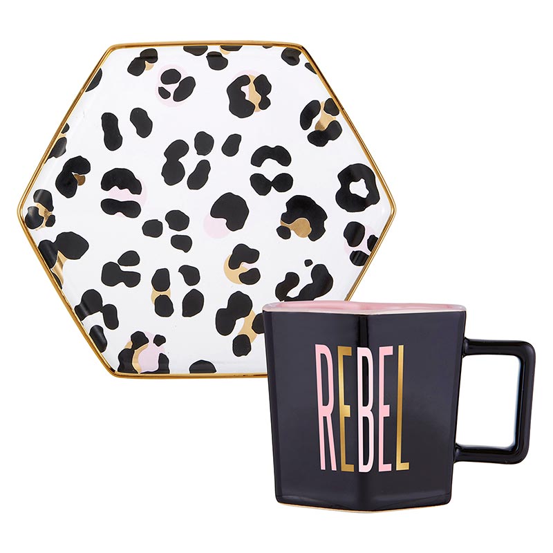 Rebel Hexagon Mug and Saucer Set in Animal Print Design