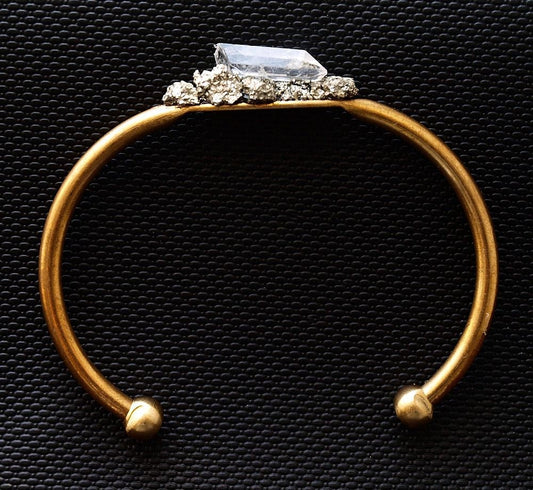 Pyrite and Quartz Gold Bangle, Pyrite Bracelet