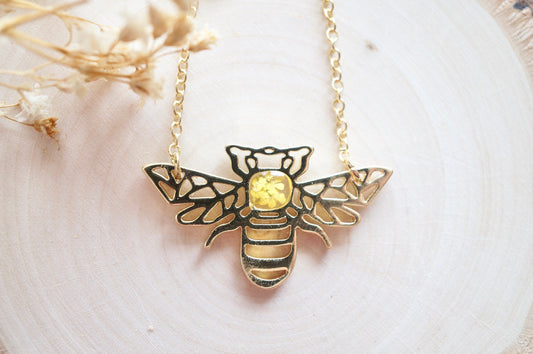 Real Pressed Flowers in Resin, Gold Bee Necklace in Yellow