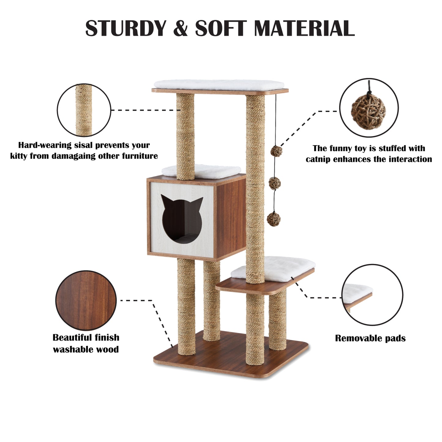 Elegant Wooden Modern Cat Tree Cat Condo Multi-Level Towers Cat Activity Tower with Scratching Posts, with Removable and Washable Mats (High Tower)