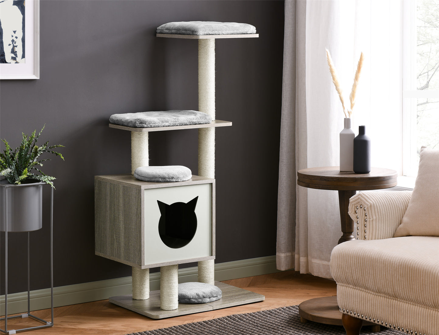 Elegant Wooden Modern Cat Tree Cat Condo Multi-Level Towers Cat Activity Tower with Scratching Posts, with Removable and Washable Mats (High Tower)